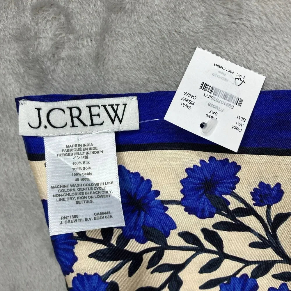J Crew Scarf Womens Blue Cream Floral 100% Silk Skinny Twilly Printed BS227